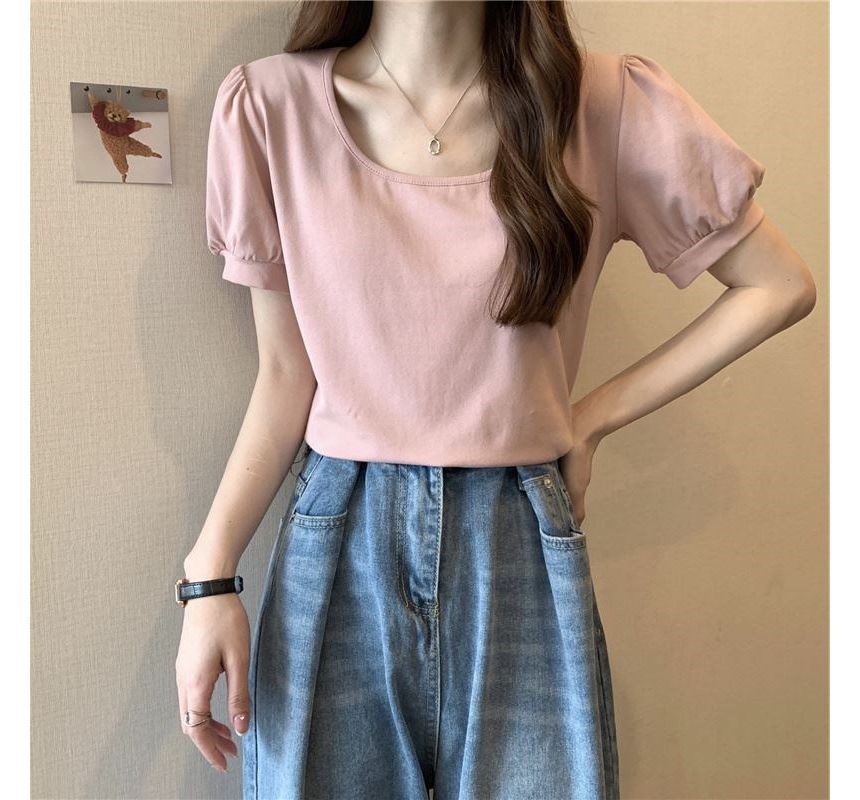 Scoop T-Shirt Puff-Sleeve Neck Plain