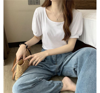 Scoop T-Shirt Puff-Sleeve Neck Plain