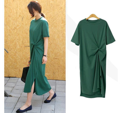 Neck Crew T-Shirt Plain Twist Dress Midi Short-Sleeve