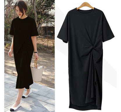 Neck Crew T-Shirt Plain Twist Dress Midi Short-Sleeve