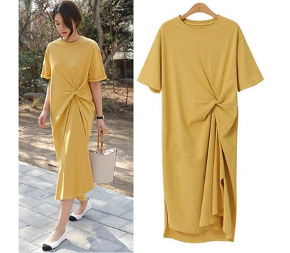 Neck Crew T-Shirt Plain Twist Dress Midi Short-Sleeve