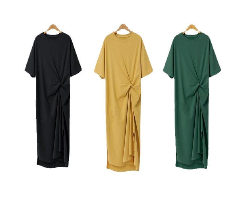 Neck Crew T-Shirt Plain Twist Dress Midi Short-Sleeve