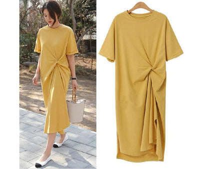 Neck Crew T-Shirt Plain Twist Dress Midi Short-Sleeve