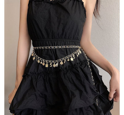 Faux Leather Layered Chain Waist Alloy Fringed Belt