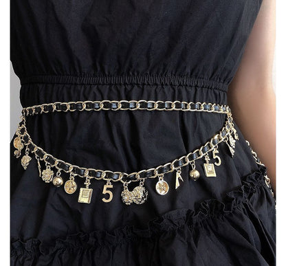 Faux Leather Layered Chain Waist Alloy Fringed Belt