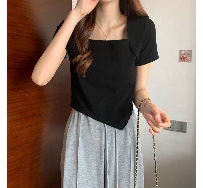 T-Shirt Cropped Neck Square Irregular Short-Sleeve
