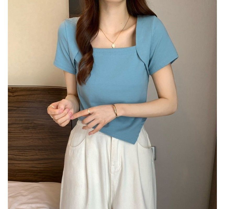 T-Shirt Cropped Neck Square Irregular Short-Sleeve