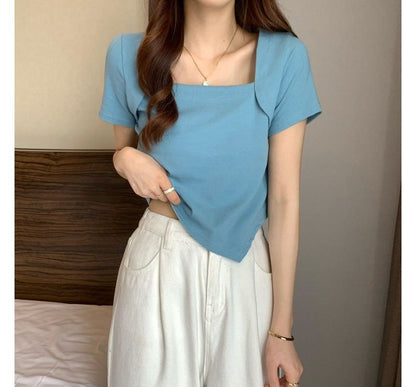 T-Shirt Cropped Neck Square Irregular Short-Sleeve