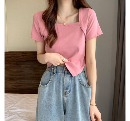 T-Shirt Cropped Neck Square Irregular Short-Sleeve