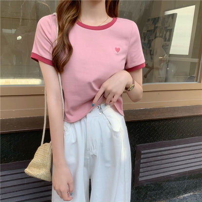 Short-Sleeve Contrast Embroidered Tee Trim Cropped Heart