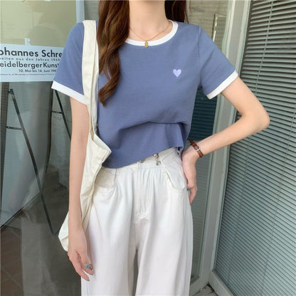 Short-Sleeve Contrast Embroidered Tee Trim Cropped Heart