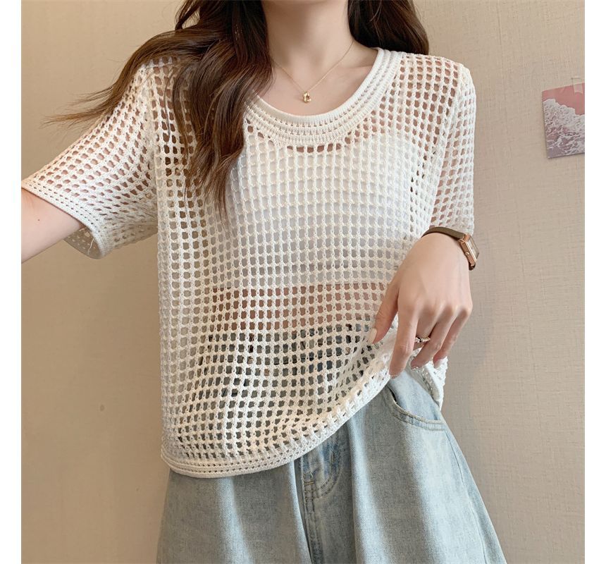 Short-Sleeve Perforated Top Knit