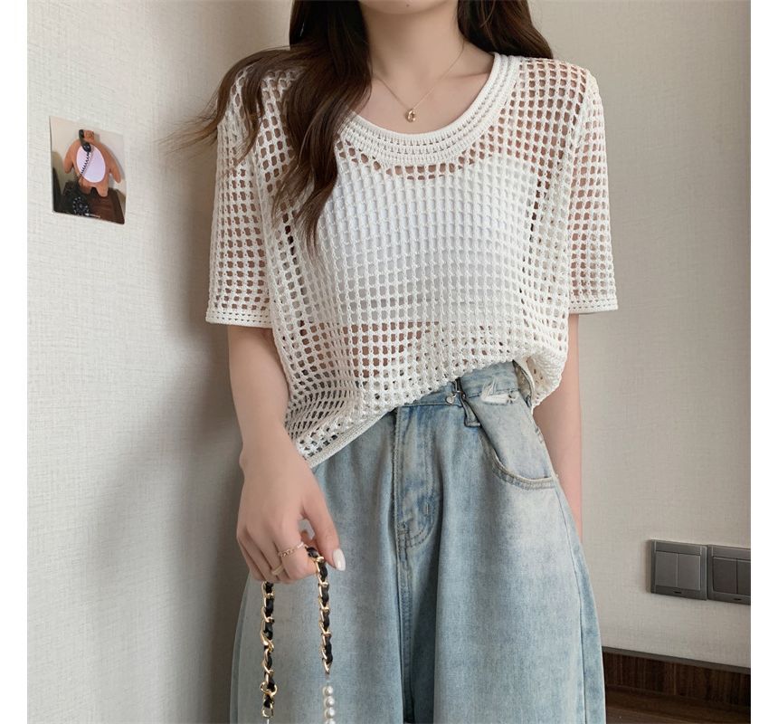 Short-Sleeve Perforated Top Knit