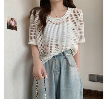 Short-Sleeve Perforated Top Knit