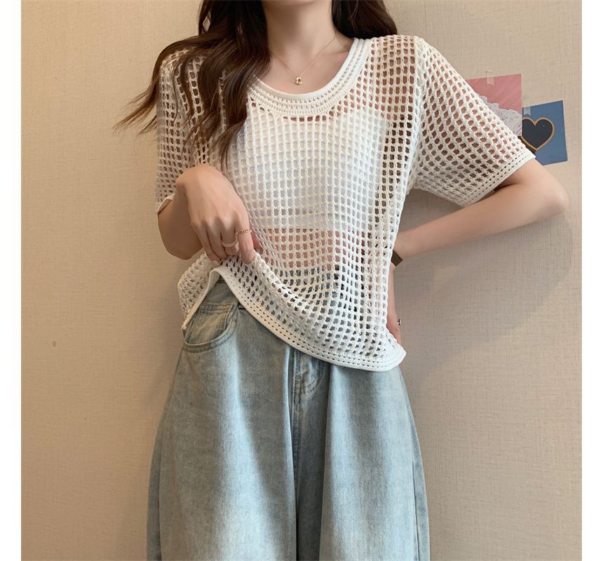 Short-Sleeve Perforated Top Knit