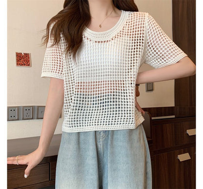 Short-Sleeve Perforated Top Knit