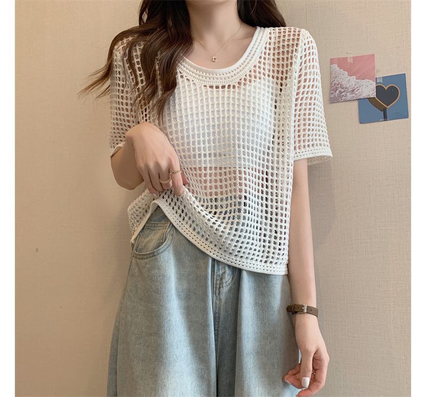 Short-Sleeve Perforated Top Knit