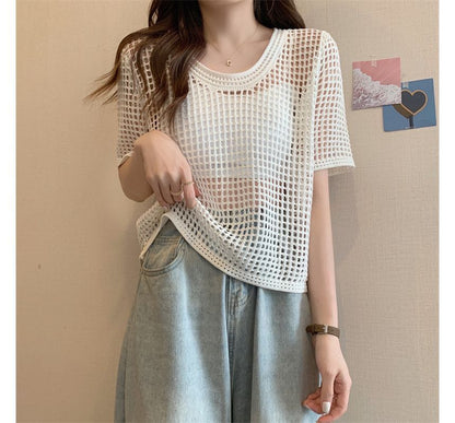 Short-Sleeve Perforated Top Knit