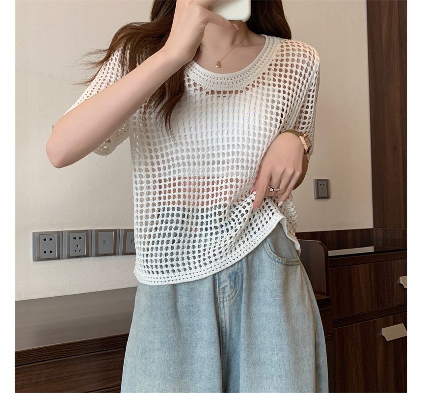 Short-Sleeve Perforated Top Knit