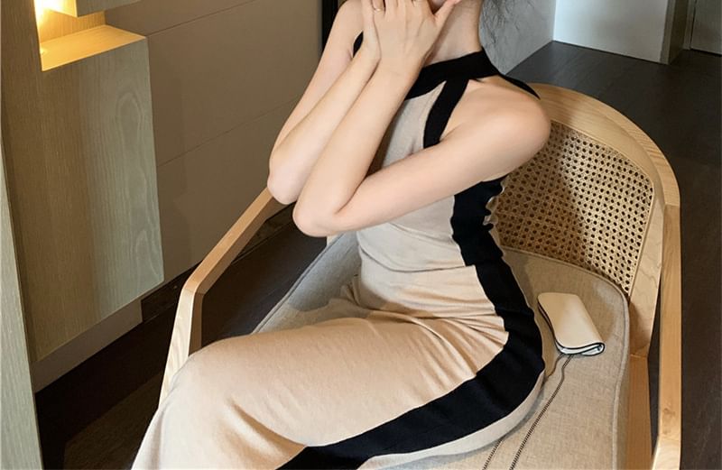 Two-Tone Dress Midi Sleeveless Slim-Fit