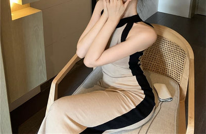 Two-Tone Dress Midi Sleeveless Slim-Fit