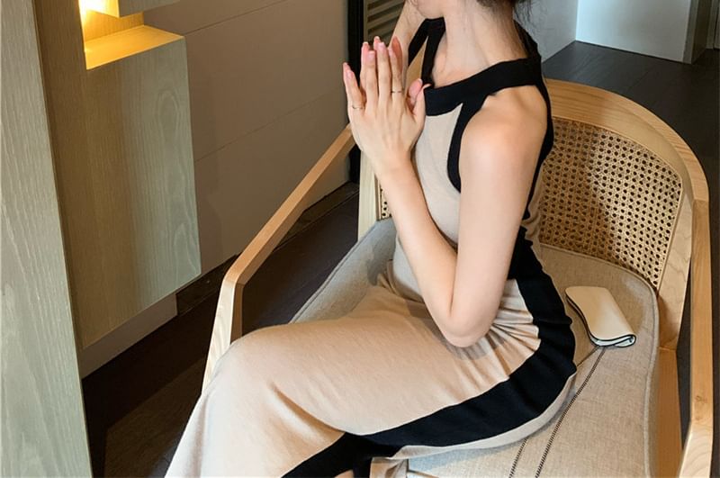Two-Tone Dress Midi Sleeveless Slim-Fit