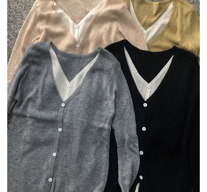 Tone Two Mock Long-Sleeve Two-Piece V-Neck Top Knit Button-Up
