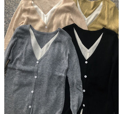 Tone Two Mock Long-Sleeve Two-Piece V-Neck Top Knit Button-Up