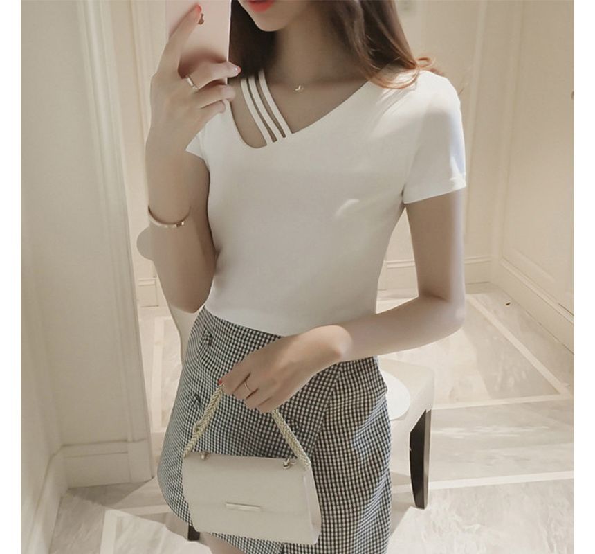 V-Neck Asymmetrical Short-Sleeve Strappy Plain Tee
