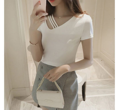 V-Neck Asymmetrical Short-Sleeve Strappy Plain Tee