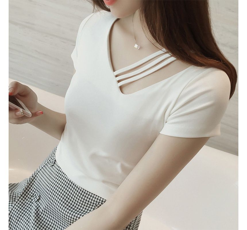 V-Neck Asymmetrical Short-Sleeve Strappy Plain Tee