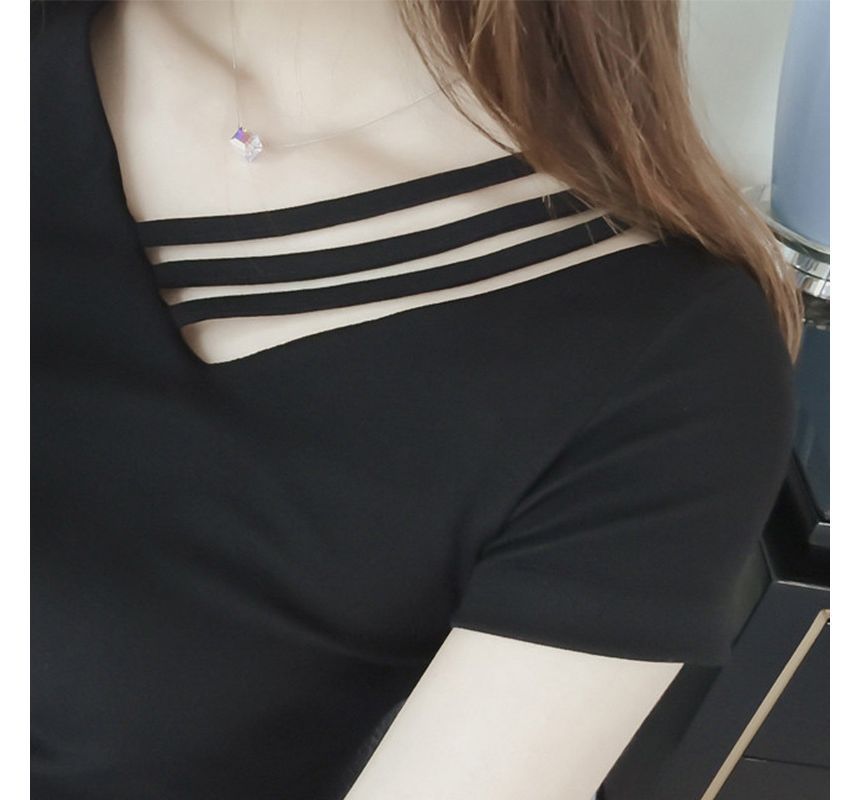 V-Neck Asymmetrical Short-Sleeve Strappy Plain Tee