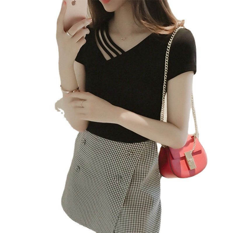 V-Neck Asymmetrical Short-Sleeve Strappy Plain Tee