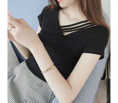 V-Neck Asymmetrical Short-Sleeve Strappy Plain Tee