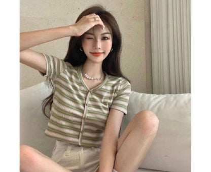 Striped Short-Sleeve Crop Button-Up Tee V-Neck