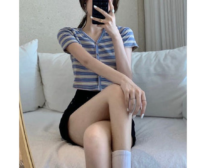 Striped Short-Sleeve Crop Button-Up Tee V-Neck