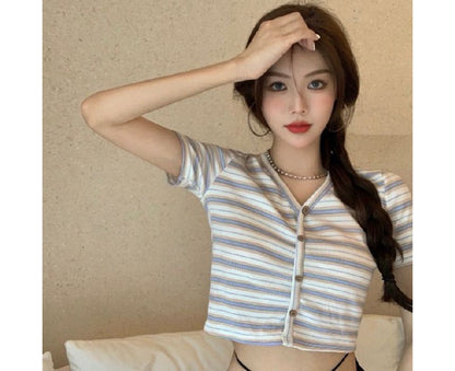 Striped Short-Sleeve Crop Button-Up Tee V-Neck