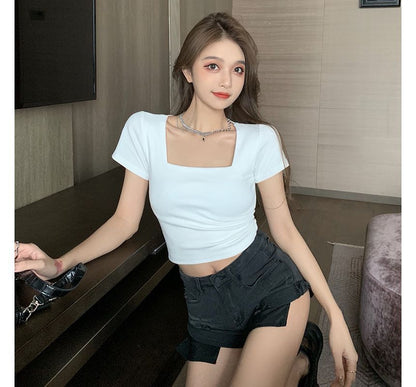 Designs) Square-Neck T-Shirt Crop (Various Plain