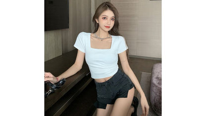 Designs) Square-Neck T-Shirt Crop (Various Plain