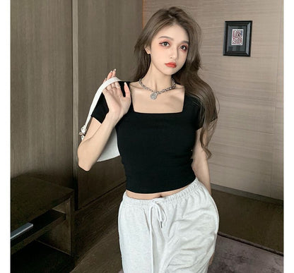 Designs) Square-Neck T-Shirt Crop (Various Plain