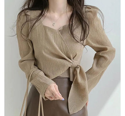 Blouse Sweetheart-Neckline Puff-Sleeve Plain Tie-Side
