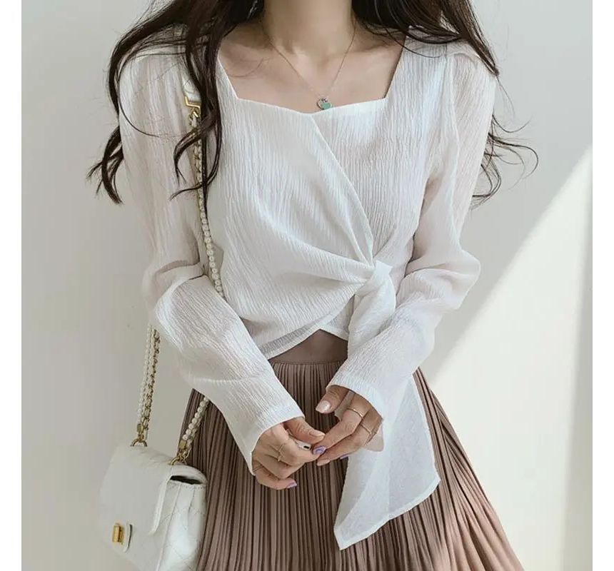 Blouse Sweetheart-Neckline Puff-Sleeve Plain Tie-Side