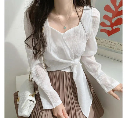 Blouse Sweetheart-Neckline Puff-Sleeve Plain Tie-Side