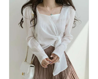Blouse Sweetheart-Neckline Puff-Sleeve Plain Tie-Side