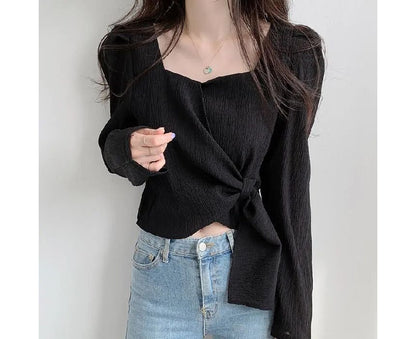 Blouse Sweetheart-Neckline Puff-Sleeve Plain Tie-Side