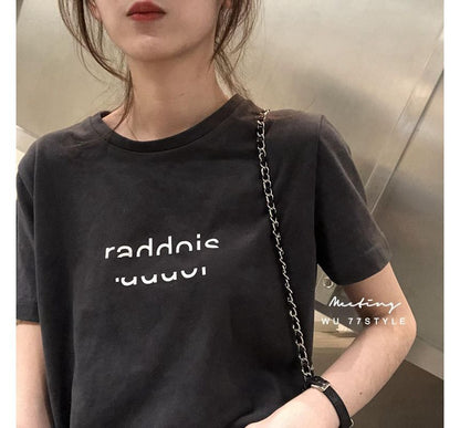 Lettering T-Shirt Crew Neck Short-Sleeve