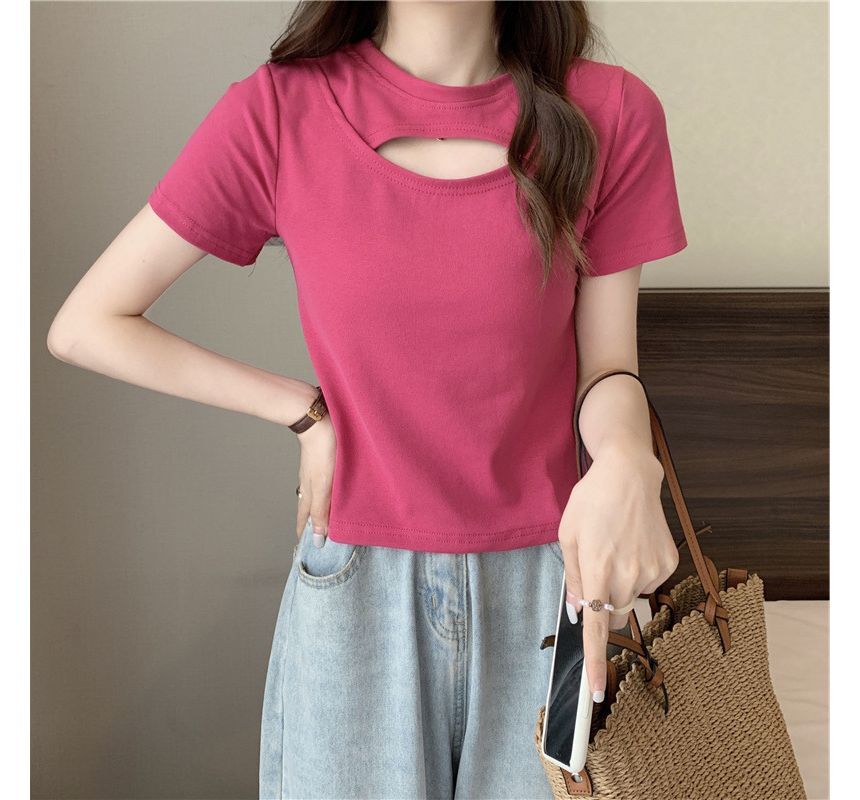 Neck T-Shirt Cut Out Plain Crew Short-Sleeve