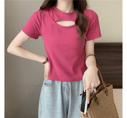 Neck T-Shirt Cut Out Plain Crew Short-Sleeve