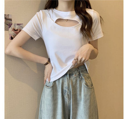 Neck T-Shirt Cut Out Plain Crew Short-Sleeve