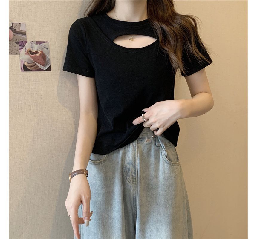 Neck T-Shirt Cut Out Plain Crew Short-Sleeve